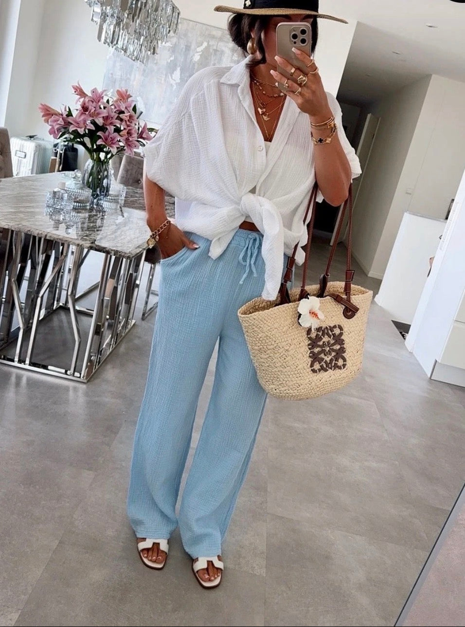 Nahia : Pantalon en gaze de coton avec poches taille élastique