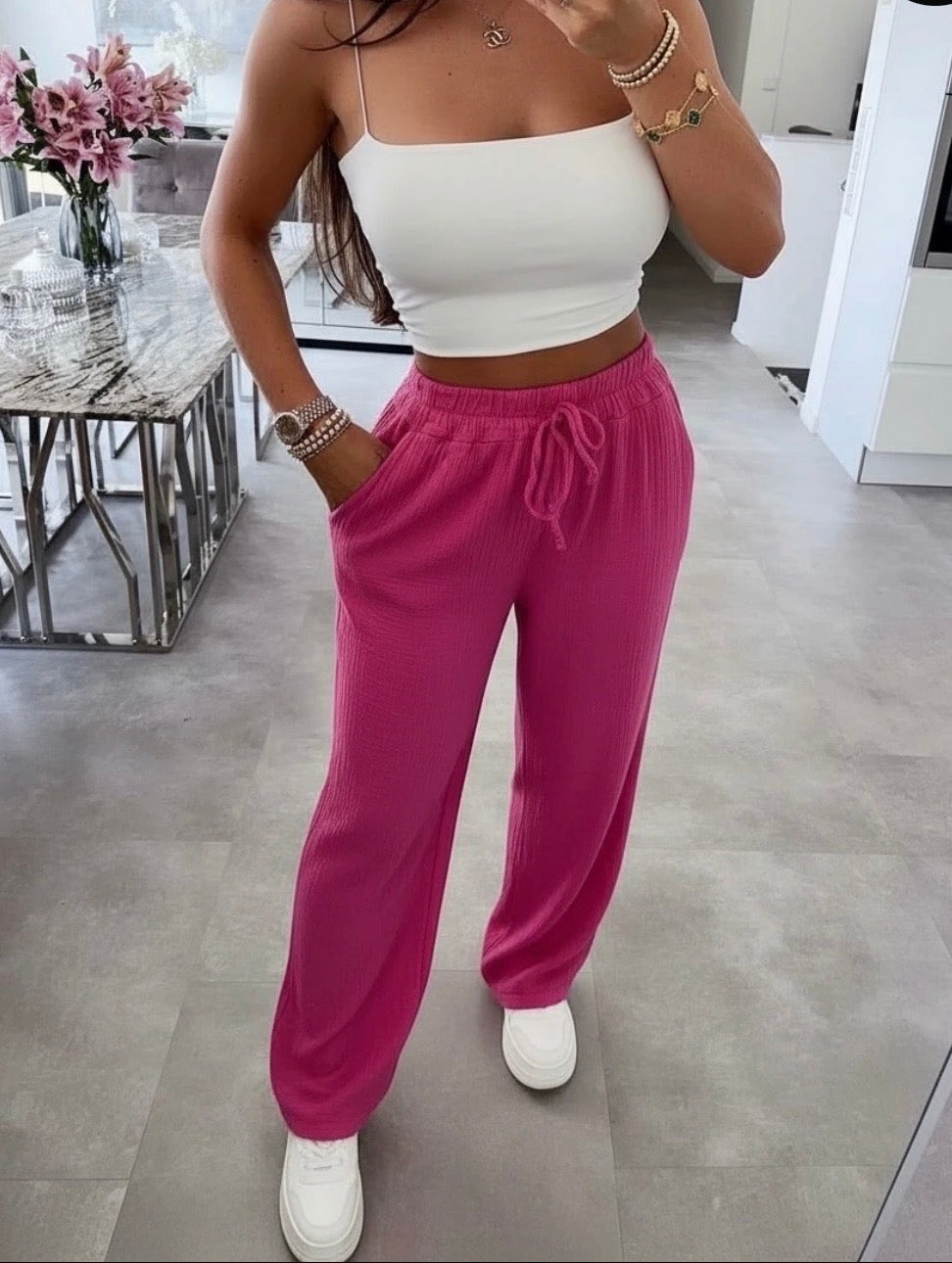 Nahia : Pantalon en gaze de coton avec poches taille élastique